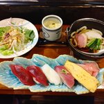 Fukuzushi - 【2020.12.12(土)】Ａランチ(鍋焼き風うどん＋握り寿司5貫＋野菜サラダ＋茶碗蒸し＋小鉢＋ドリンク)1,150円