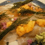 じき 宮ざわ - お造り　伊勢の鮃、天草の赤雲丹、青海苔、葛入り土佐醤油