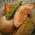 じき 宮ざわ - 炊合せ　鱧、新小芋、無花果赤ワイン煮、賀茂茄子、万願寺・炭火でもろみと、粟入り生麩