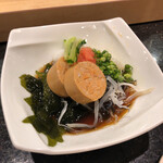梅丘寿司の美登利総本店 - ポン酢3種盛り。あん肝とタコ、フグ皮　￥800