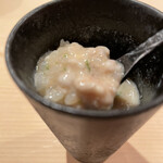 登喜和鮨 -  佐渡産真鱈白子自家製ポン酢 シャリ球投入、シャリは新発田産原種コシヒカリ