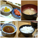 海鮮丼・天ぷら 博多 喜水丸 - ◆辛子明太子、沢庵、ご飯の質は普通で最初から少なめ、お味噌汁など