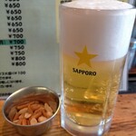 カレー専門店 KEN - サッポロ生ビール中500円税込、柿ピー付き、グラスの6分目くらいしか入ってない。だから生ビール嫌い。絶対瓶派。