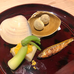 ふく吉 - 肴　黒豆クリームチーズ　諸子　青身大根