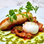 Homemade sausage and caponata with poached egg
