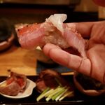 たくまんま - ３キロオーバーの八丈島の金目鯛＆糸島のアオリイカの握り。
      このソースなんと！
      アオリイカの味噌と金目のワタを和えたもの