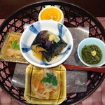 創意和食 野むら - かご盛茄子揚げ浸し、鰆ちり酢和え、秋刀魚南蛮漬け、東寺蒸し鼈甲飴山葵、和布蕪