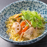 Japanese-style peperoncini with chicken thighs and tofu skin served with seasonal obanzai
