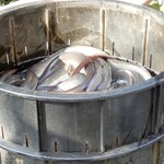 うなぎ 桜家 - ウナギ桶は、重ねられ、底には少しだけ水が残るザルと桶が合体したような構造です。