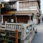 うなぎ 桜家 - 源兵衛橋側からのお店の外観、向こう側は三島広小路駅脇の踏切です。