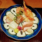 大洗料理つかさ - お造り(まぐろ、ひらめ、イカ、氷見ぶり、ぼたんえび、あじ）