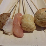 Kushiya Monogatari - 烏賊・もちチーズドーナツ・胸肉・ハンバーグ・ハッシュポテト
