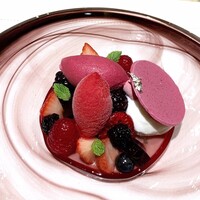 ロオジエ - LETEXTURE AUX FRUITS ROUGES
                      フリュイルージュの彩り、ヨーグルトのエスプーマ
                      カシスとスミレのソルベ