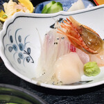 Itamaegokoro Kikuura - 日替わり　刺身　ボタン海老、鰤、白魚、帆立