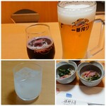 海鮮市場 - 中ジョッキ　630円/グレープ100％ジュース　380円/梅の宿　あらごし梅酒　ロック　500円　+税