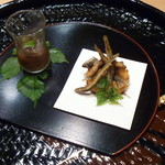 美山荘 - トウモロコシの天ぷらと川魚三種