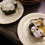 亀正くるくる寿司 - 別府・長崎産のいかそーめんと別府産のはも、それぞれ130円。