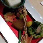 沼津魚がし鮨 - 根三つ葉のお浸し/根張星の長芋羹/富士豚の角煮