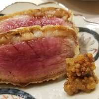 ご馳走 ね音 - ⑯河内鴨(大阪府河内産)、タスマニアマスタード添え
                    天麩羅ではこれが断トツで一番良かった！
                    肉汁が溢れ、鴨らしい旨みが明確