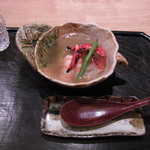 虎白 - 止肴　車海老　夏野菜　赤万願寺唐辛子　冬瓜　インゲン