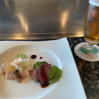 鉄板焼 ときわ - 前菜とサントリーマスターズドリーム