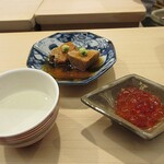 日本橋蛎殻町 すぎた - 新政の、筋子味噌漬け、あん肝。