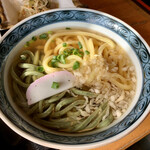 Ooshimaya - かけうどん、２色の麺を使用。
      ぬるめのかけ出汁だった。