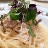 Aruporuto - 明太子と白身魚のスパゲッティ～ベビーリーフ載せ