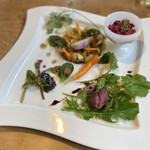 Aso うぶやま キュッフェ - 野菜の前菜、猪ハム、鹿肉リエット