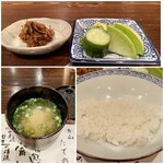 たでの葉 - 土鍋ご飯 栃木県のコシヒカリピロール米を使った土鍋ご飯です。 世界ではじめてビタミンＢ１２が含まれたお米なんだそうです。ご飯のお供は、熊肉のしぐれ煮とお漬物、そしてお味噌汁。　