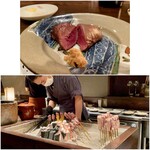 たでの葉 - ご主人が肉を手で直に触りながら焼き加減を確認されています。