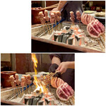 たでの葉 - 脂とタレに炎が上がります　炭に脂がしたたり落ちるとジュっと音が聞こえてきます♪