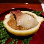 銀座 しのはら - 鮑、北寄貝、赤貝、自家製胡麻豆腐の生姜酢のジュレかけ