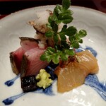 銀座 しのはら - お造り(ブリ、サワラの松前漬け)