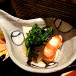 銀座 しのはら - 海老芋、堀川ごぼう、車海老、春菊の炊き合わせ