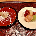 御料理 古川 - さちのか ラフランスのゼリー 泡雪苺 シャインマスカット 冬至