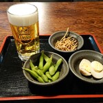 Horoka - 生ビール、蕎麦チップ、枝豆、煮卵