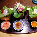 Sakou - お造り３種 鯛、鰹、平目（海老塩、ヌクマム、黄身醤油）