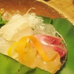 しのはら - 造り③鯉の洗い、鱸の洗い、団扇海老