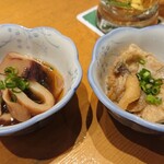 Sushi Hana - お通し(煮いか、鯖の南蛮漬け)