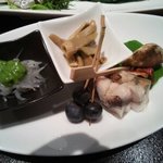 オーベルジュ土佐山 - 前菜(浜改田の泥目土佐のぬた掛け・須崎のうつぼと針生姜の水晶寄せ他）