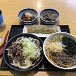Michino Eki Fuji Yoshida Keishoku Kona - 肉わかめうどん、冷やし肉うどん、鶏のもつ煮、ちくわ天、きんぴら