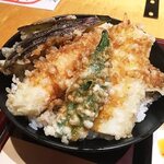 高田屋 - 20cmほどの丼に入った天丼。ナス・海老・ししとう・イカ・かぼちゃの天ぷらが大盛り飯の上に乗っております。