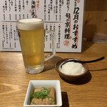 米福 - 
            生ビール（本日半額）450円→225円
            大根おろし
            お通し