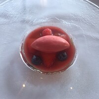 ザ・フジヤ - ピスタチオのムースと苺のスープ シャンパン風味 シャーベットを添えて 1694円(税・サ込)