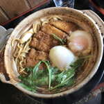 麺創 なな家 - かつ鍋味噌煮込みラーメン 1300円
      （+ 南信州白ネギ多め 200円 + 温泉卵ダブル 100円）