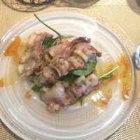 La Brianza - 丹波の猪のサラダ自家製ポン酢。甘みの感じられるおいしいお肉とソース、すごくおいしい。このソースおいしいわぁ～＼(^-^)／