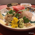 御料理 寺沢 - 河豚のｱﾝ肝和え､目鉢鮪 中ﾄﾛ､活鮃