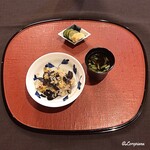 御料理 寺沢 - ﾎﾛﾎﾛ鳥の炊込みごはんに黒ﾄﾘｭﾌ､香の物､椀