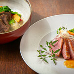 うしのほね - 柔らか牛タン白ワイン煮込み 白いシチュー仕立て・京鴨じっくりロースト 金柑バルサミコ酢